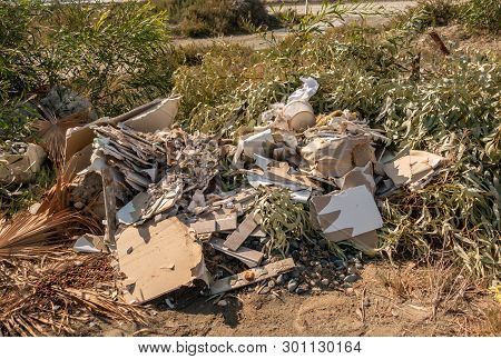 Pile Of Building Rubbish Left In Abandoned In A Nature Spot In Limassol.