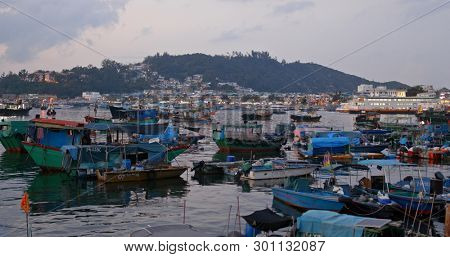 Cheung chau, Hong Kong, 24 April 2019: Crowded of small boat in the sea of Cheung chau island in the evening
