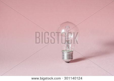 Close Up View Of White Light Bulb Isolated On Pink.