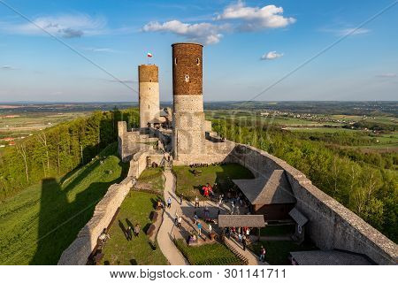 Checiny, Swietokrzyskie / Poland - May, 1, 2019: Old Historic Ruins Of The Royal Castle. A Stronghol