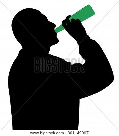 Man Drinking Alcohol From Bottle. Alcoholism Addiction Problem.