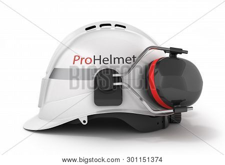 Hard Hat Safety Halmet With Earmuffs Isolated On White Background 3d Side View