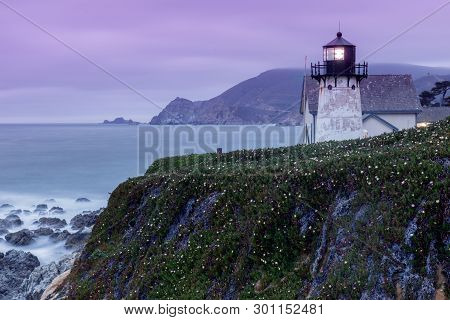 Twilight Skies At Point Montara Lighthouse. Montara, San Mateo County, California, Usa.