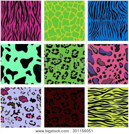Pak Seamless Patterns Of Animal Pop Art Skin . Vector Set Of Nine Patterns.