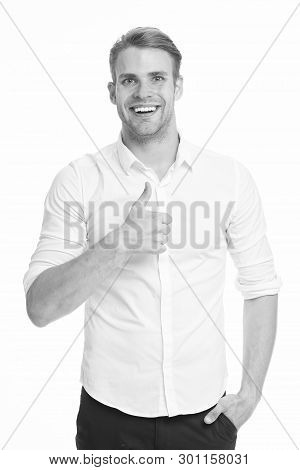 Guy Shows Thumbs Up Gesture. Excellent Quality. Man Confidently Highly Recommend White Background. G