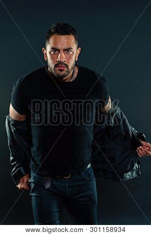 Man In Tshirt Undress Leather Jacket. Bearded Man With Serious Face. Fashion Macho In Casual Style C