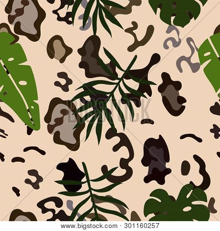 Seamless Pattern Of Snow Leopard Skins And Tropical Leaves. Vector Image.