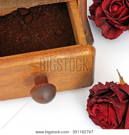 Manual Coffee Grinder With Roses On A White Background. Antiquary