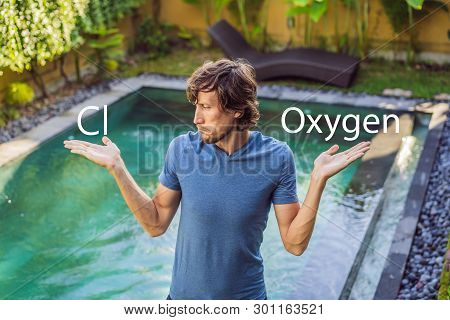 Man Chooses Chemicals For The Pool Chlorine Or Oxygen. Swimming Pool Service And Equipment With Chem