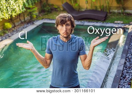 Man Chooses Chemicals For The Pool Chlorine Or Oxygen. Swimming Pool Service And Equipment With Chem