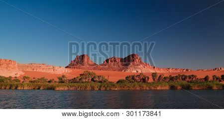 Panoramic View To Boukkou Lake Group Of Ounianga Serir Lakes At Sunset , Ennedi, Chad