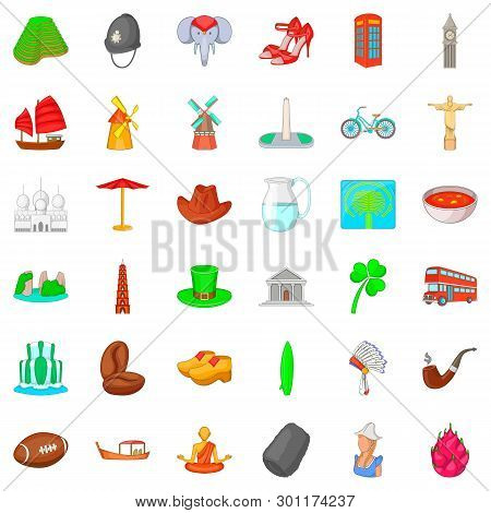 London Icons Set. Cartoon Style Of 36 London Icons For Web Isolated On White Background