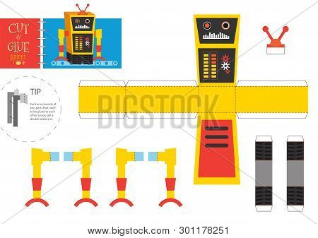 Cut And Glue Robot Toy Vector Illustration. Paper Craft And Diy Riddle With Funny Robotic Character 