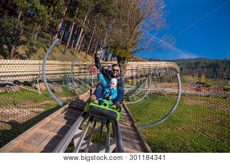 Excited young father and son driving on alpine coaster while enjoying beautiful sunny day in the nature