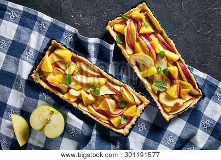 Delicious Pineapple And Apple Sweet Tart In Rectangular Tart Pans On A Concrete Table With Kitchen T