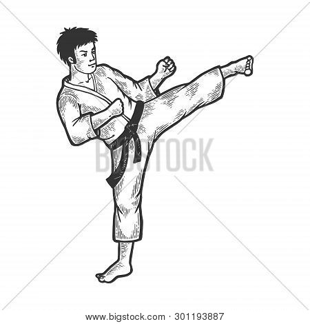 Karate Athlete Kick Foot Up On Head Area Sketch Engraving Vector Illustration. Scratch Board Style I