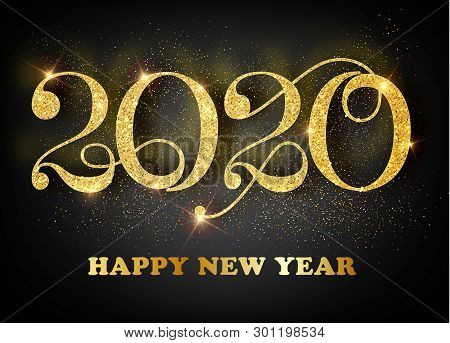 2020 Happy New Year. Gold Numbers Design Of Greeting Card. Gold Shining Pattern. Happy New Year Bann