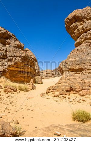 Sahara Desert Landscape.  Amazing Sandstone Rock Formation  At  Tassili Najjer National Park, Algeri