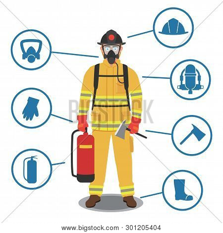 Firefighter Gear, Equipment And Tools With Fully Protective Suit