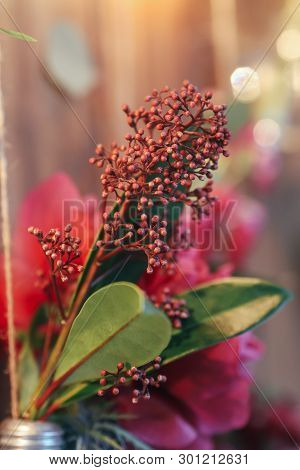 Rustic Wedding Photo Zone. Hand Made Wedding Decorations Includes Photo Booth  Red Flowers. Garlands