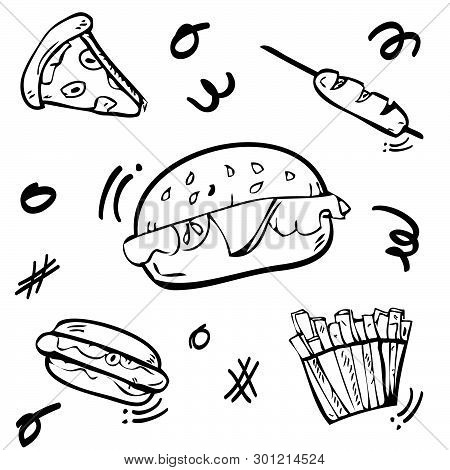Vector 5 Cute Doodle Junk Food, Burger, Hotdog, Sausage, French, Fries, And Pizza With Scribble Yell