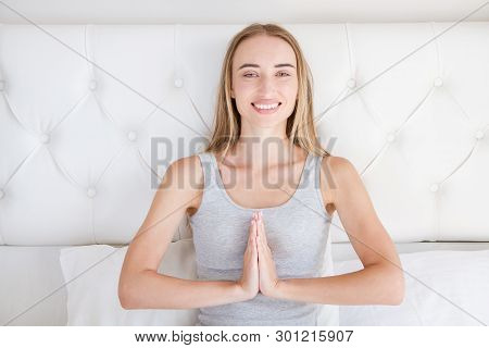 Smile Woman With Namaste Gesture In Bedroom, Mock Up