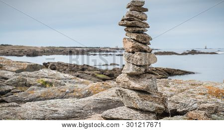 Cairn On A Hiking Trail On The Island Of Yeu, France