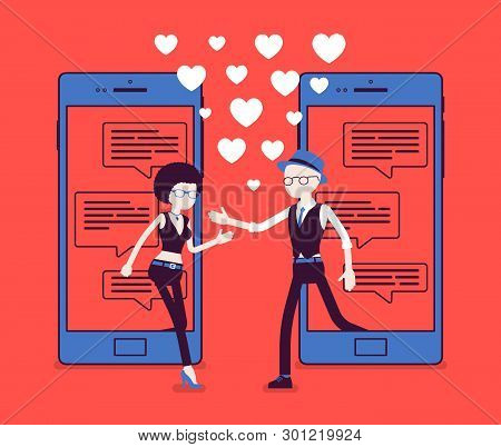 Dating From Mobile Application, Pair Match On Smartphone Screen With Chat. Man, Woman Together, Meet