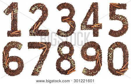 Collage Digits From Coffee Beans And Species Isolated On White Background
