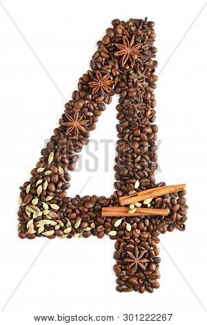 Number 4 From Coffee Beans And Species Isolated On White Background