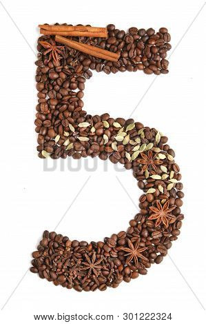 Number 5 From Coffee Beans And Species Isolated On White Background
