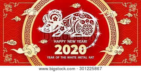 White Metal Rat Is A Symbol Of The 2020 Chinese New Year. Holiday Vector Illustration Of Zodiac Sign