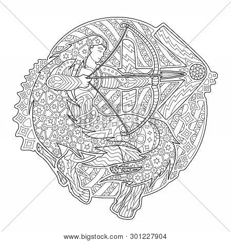 Beautiful Coloring Book Page With Saggitarius Zodiac Symbol On White Background