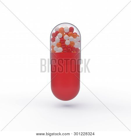 Red Capsule Tablet With Red, Orange And White Fractions Inside. 3d Render Of A Pill.