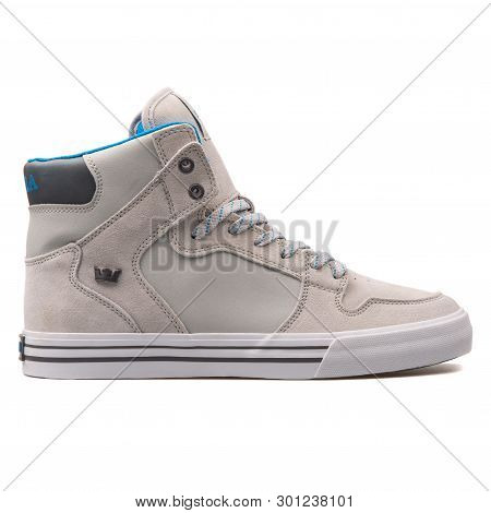 Vienna, Austria - August 10, 2017: Supra Vaider Grey And Blue Sneaker On White Background.