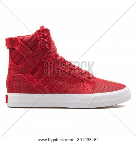 Vienna, Austria - August 10, 2017: Supra Skytop Red And White Sneaker On White Background.