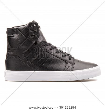 Vienna, Austria - August 10, 2017: Supra Skytop Black And White Sneaker On White Background.