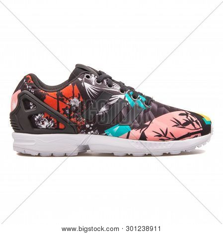Vienna, Austria - August 10, 2017: Adidas Zx Flux Black And Multi Color Sneaker On White Background.