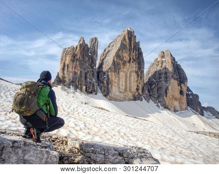 Tourist Walk Drei Zinnen Round Tour.  Tre Cime Di Lavaredo With Hiker Sextener Dolomiten Or Dolomiti