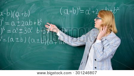 Teacher On School Lesson. Woman In Classroom. Study And Education. Modern School. Knowledge Day. Bac