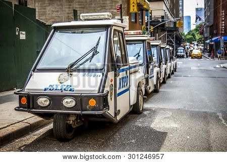 New York City, Usa - July 7, 2018; Nyc Police Department Three Wheel Cars Aka Three-wheelers On A St