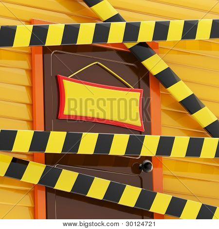 Casa fechada com uma fitas de barreira