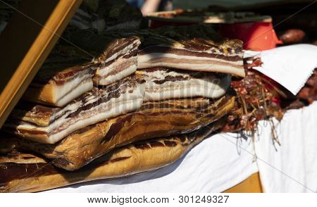 Traditional Serbian Pork Called Slanina. Serbian Pancetta. Market, Street Food, Food Festival. Balka