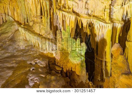 Impressive Formations Of The Stalactites And Stalagmites In Dirou Cave. Greek Destination .natural B