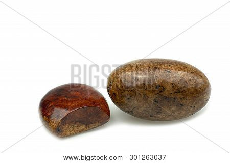 Egg Made Of Wood Nature For Paperweight, Exotic Wooden Beautiful Pattern On White Background