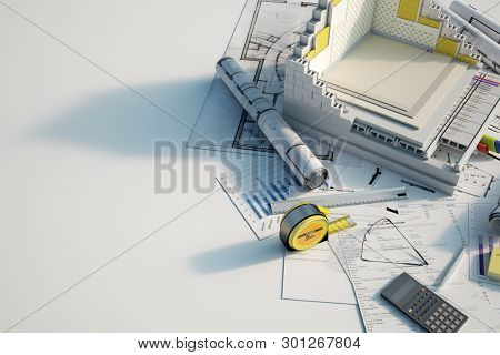 3D renderin of a building cross section showing insulation layers and building details on top of blueprints and a energy efficiency chart