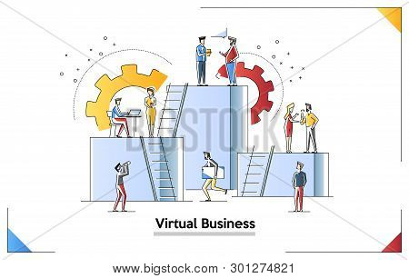 Vector Illustration, Virtual Business Assistant. Teamwork On Performance, Brainstorming. Small Peopl