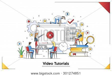 Modern Flat Line Art Concept Web Banner Of Video Tutorial, Achievement, Online Education And E Books