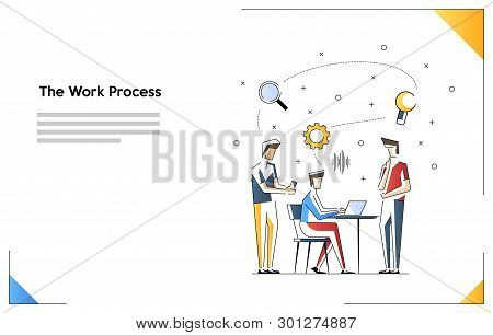 Team Work Process Concept Illustration. Vector Flat Line Art Illustration On Group Of Workers Meetin
