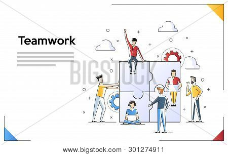 Teamwork Concept Banner. Can Use For Web Banner, Infographics, Hero Images. Flat Line Art Vector Ill